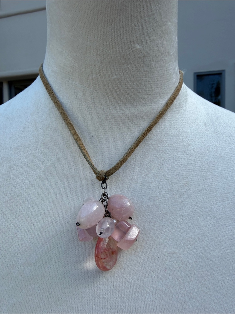 Handcrafted Pink Quartz Stone Cluster Pendant Necklace Natural Tan Suede Cord